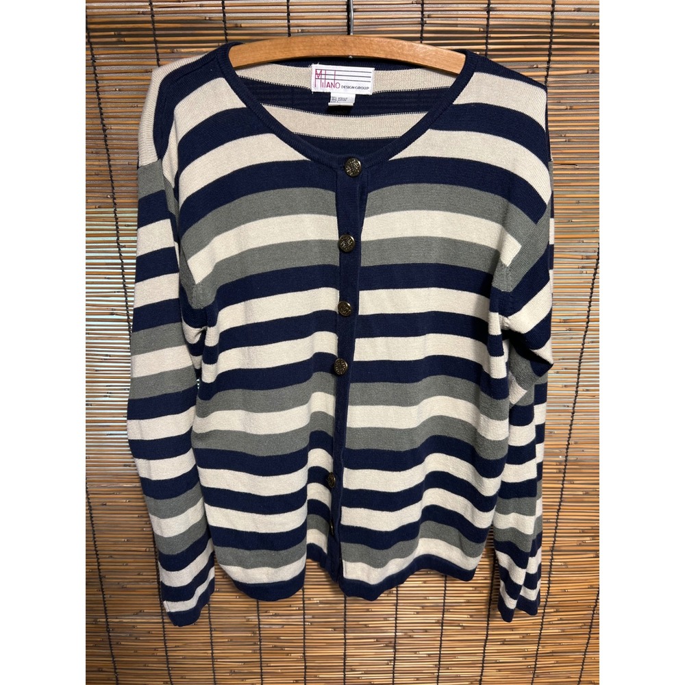 Milano Design Group Large Cardigan Striped Navy Blue Gray Cotton Blend